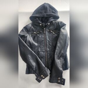 Joujou Black Faux Leather Jacket with Hood Size 14 Girls